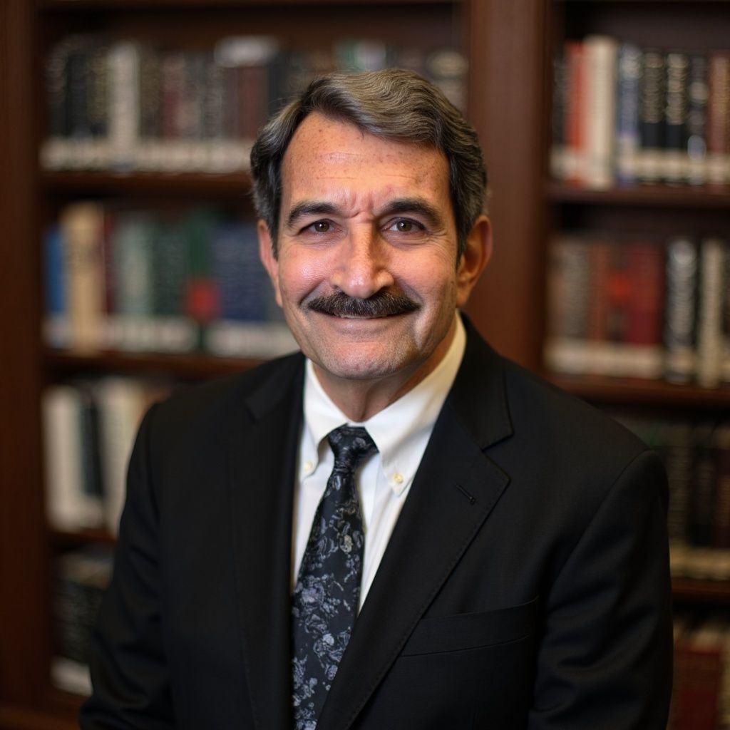 Man in a black suit and tie posing in a library with bookshelves behind him