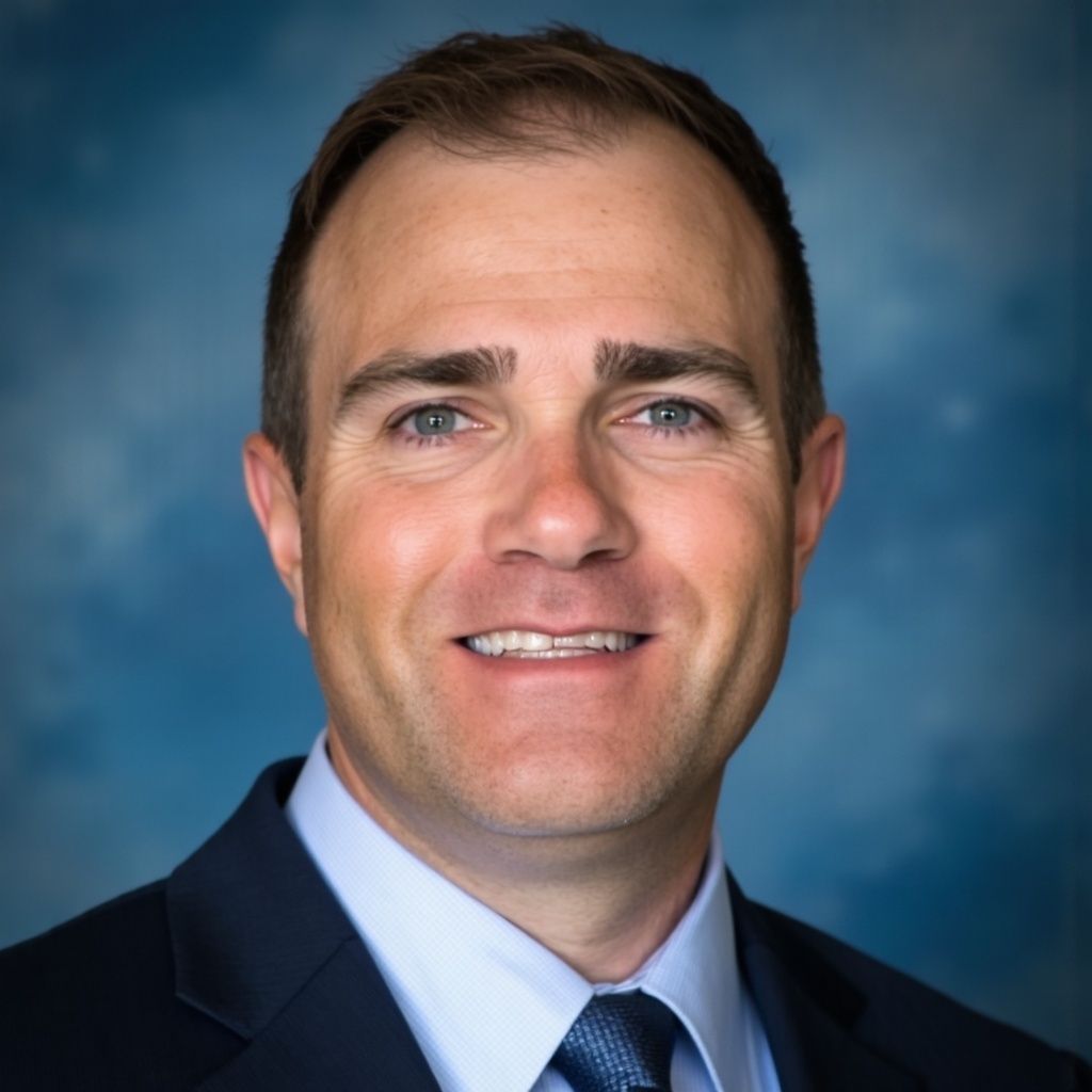 Professional headshot of a smiling person in a dark suit and light blue shirt against a blue background