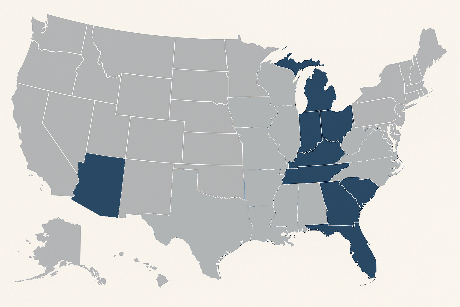 U.S. map with several states highlighted in dark blue against a light gray background