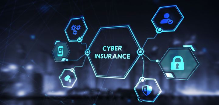 Cyber insurance network graphic with glowing blue hexagons, shield, padlock, and user icons on a dark background