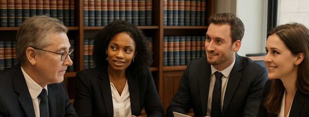 Four professionals in business attire seated in a meeting, talking in front of bookshelves.