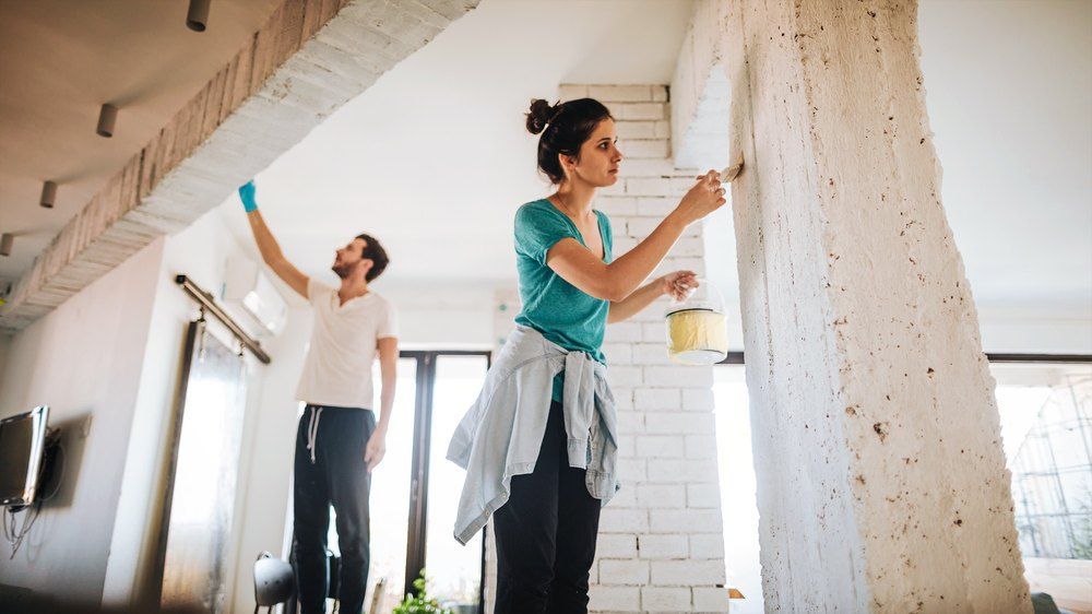 Young flipper-looking couple painting their living room