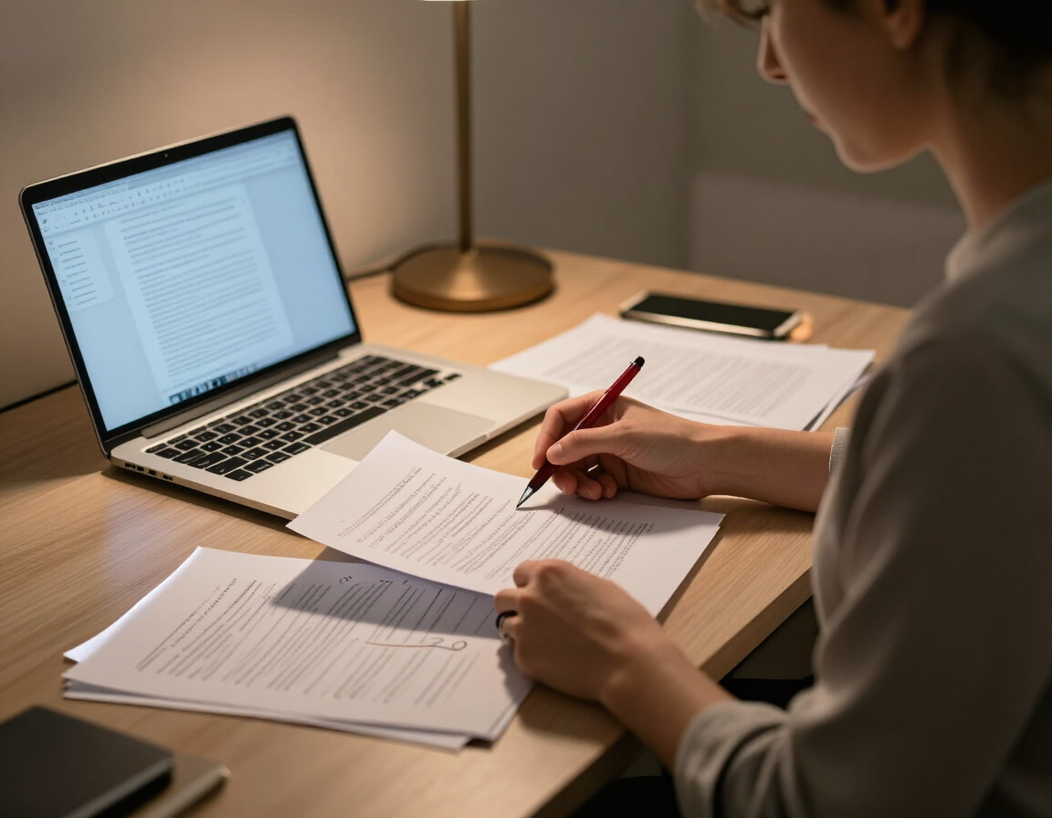 Person writing on papers at a desk beside an open laptop and lamp at night