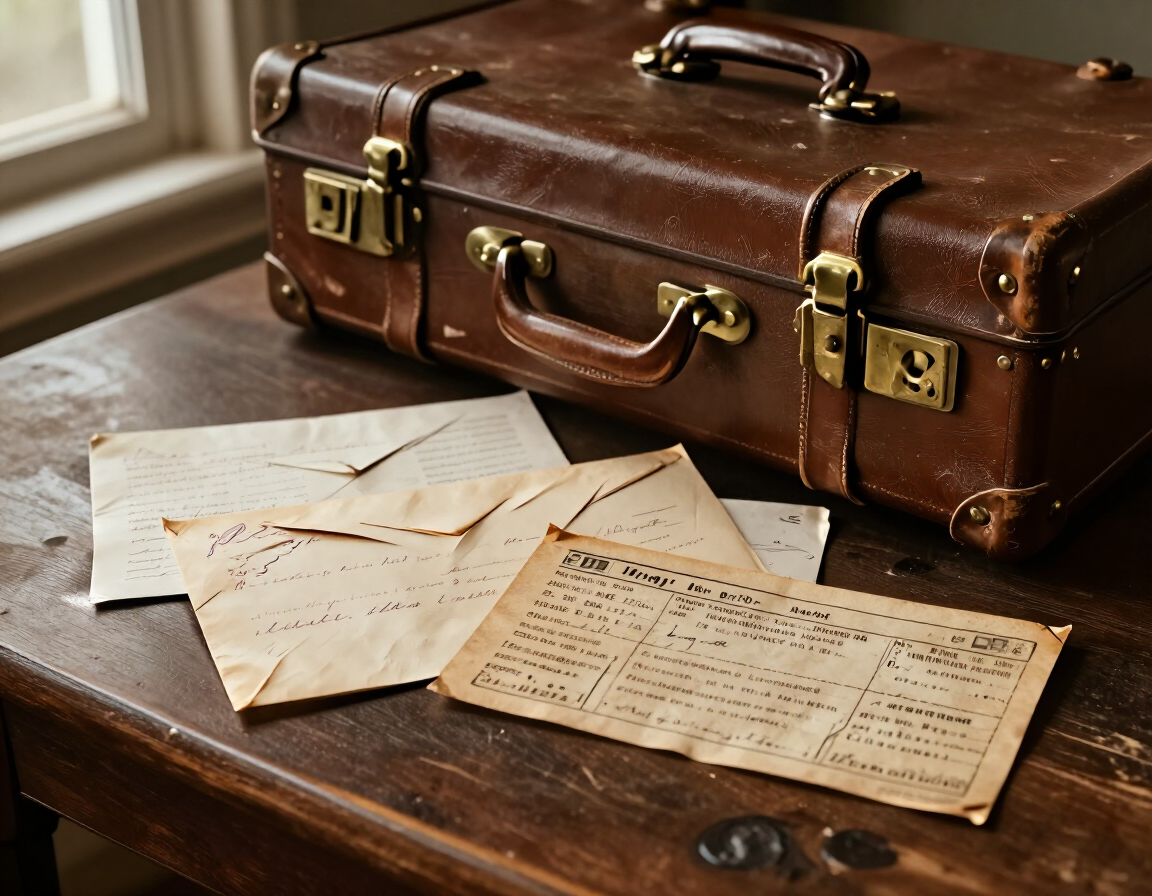 Vintage leather suitcase on a wooden table with old handwritten letters.