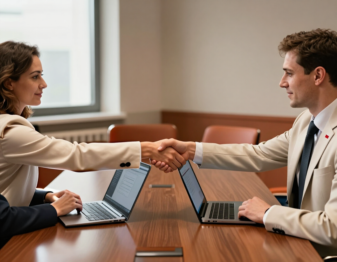 Two professionals shaking hands across a conference table