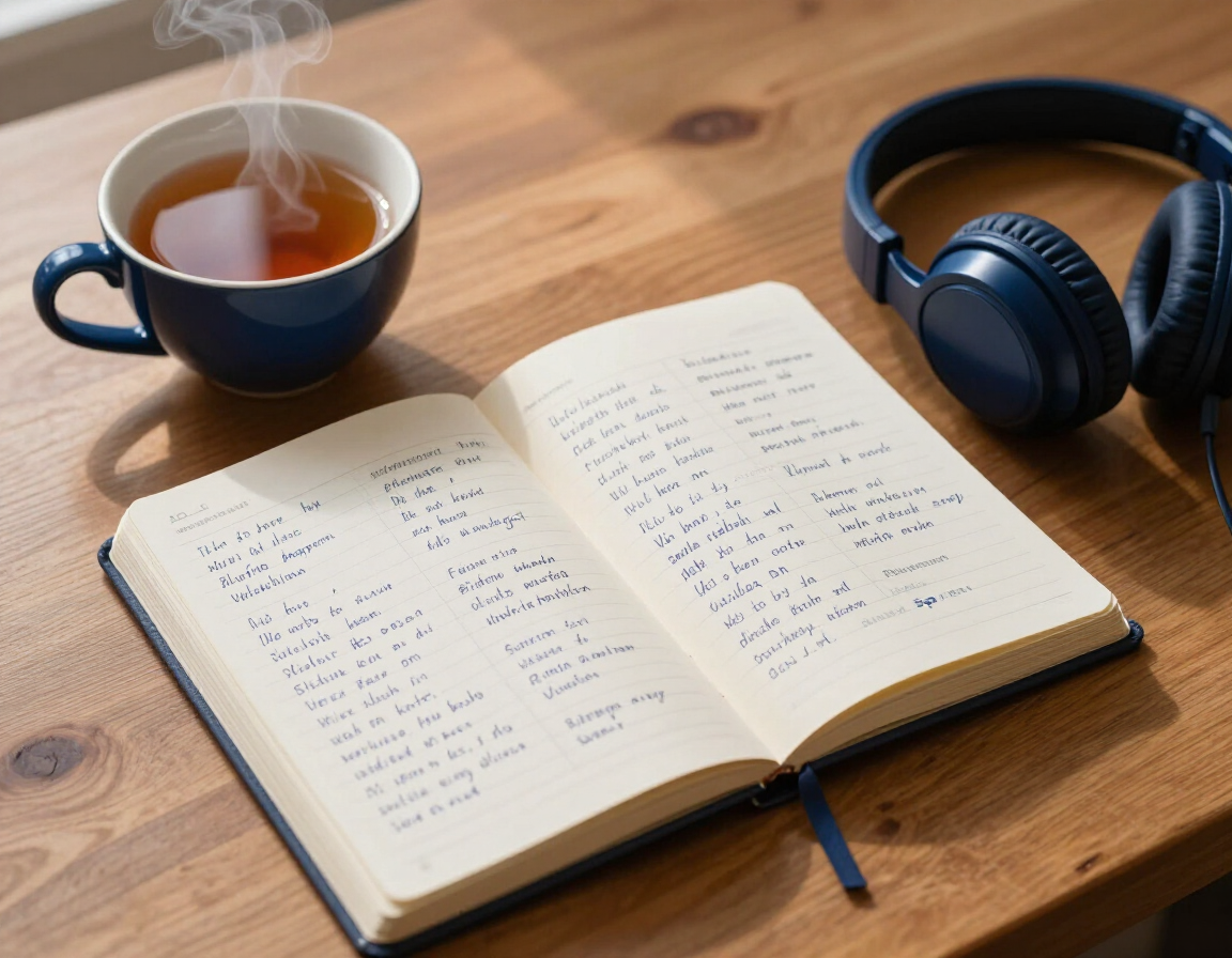 Notebook of Polish vocabulary with tea and headphones