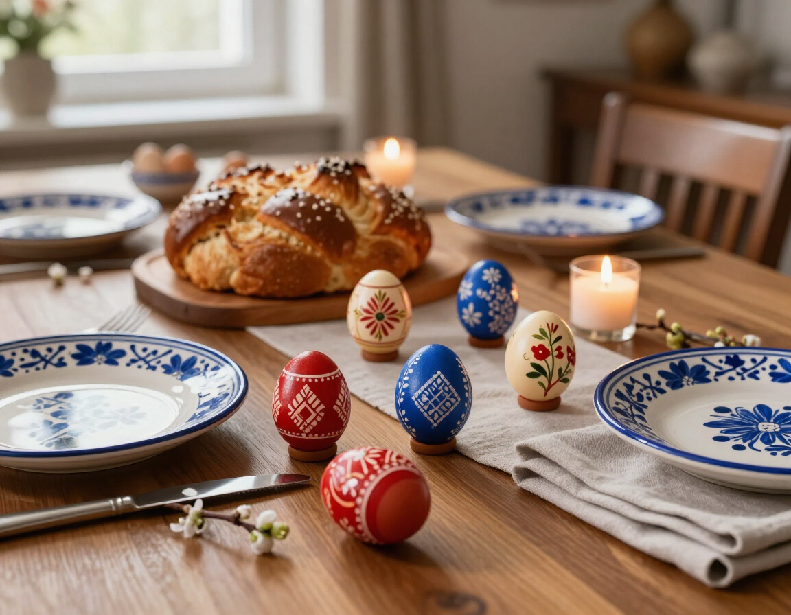 Polish Easter table with pisanki eggs and bread