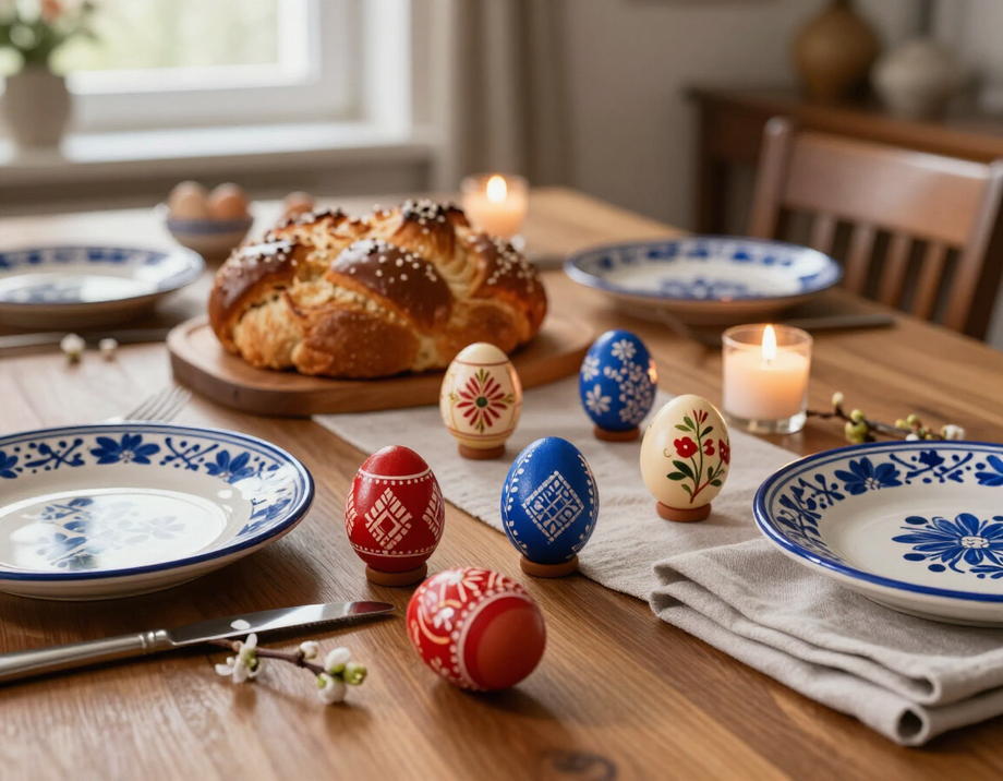 Easter table with decorated eggs, bread, candles, and blue-patterned plates in a cozy dining room.