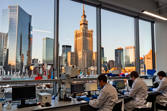 Modern Warsaw skyline with glass skyscrapers