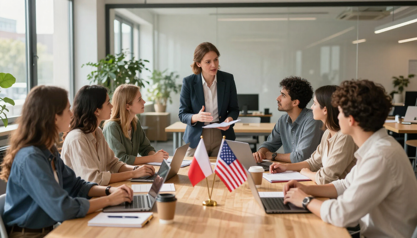 Business meeting in a bright conference room, with colleagues seated around a table and small U.S. flags in the center.