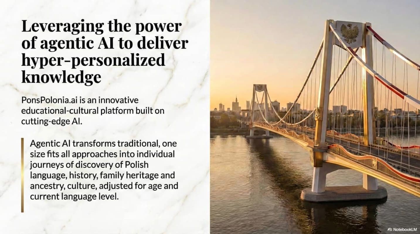 Bridge at sunset beside a text panel about using agentic AI for hyper-personalized knowledge