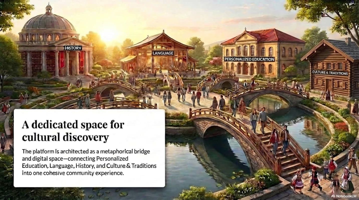 Illustrated cultural center with domed building, canal bridge, market stalls, and people walking in a sunny park