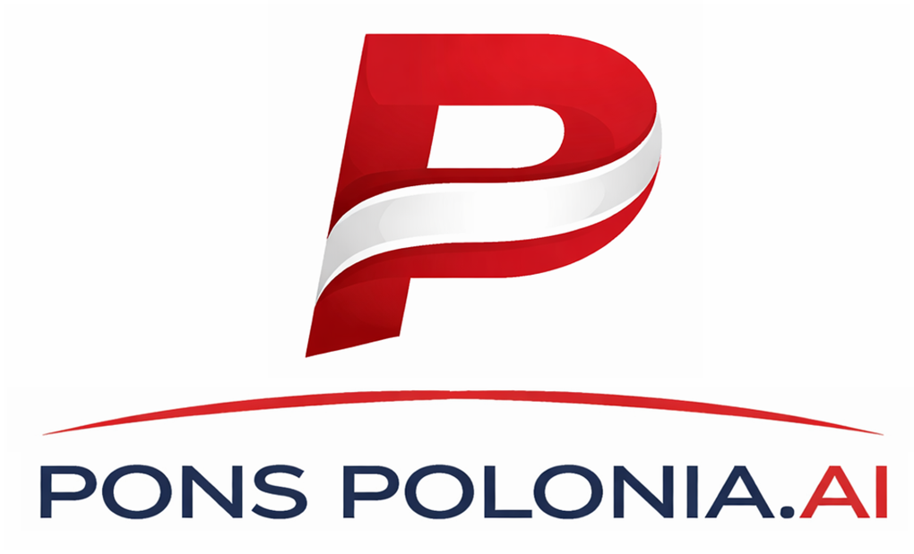 PONS POLONIA.AI logo with a red stylized P and curved red line on a white background
