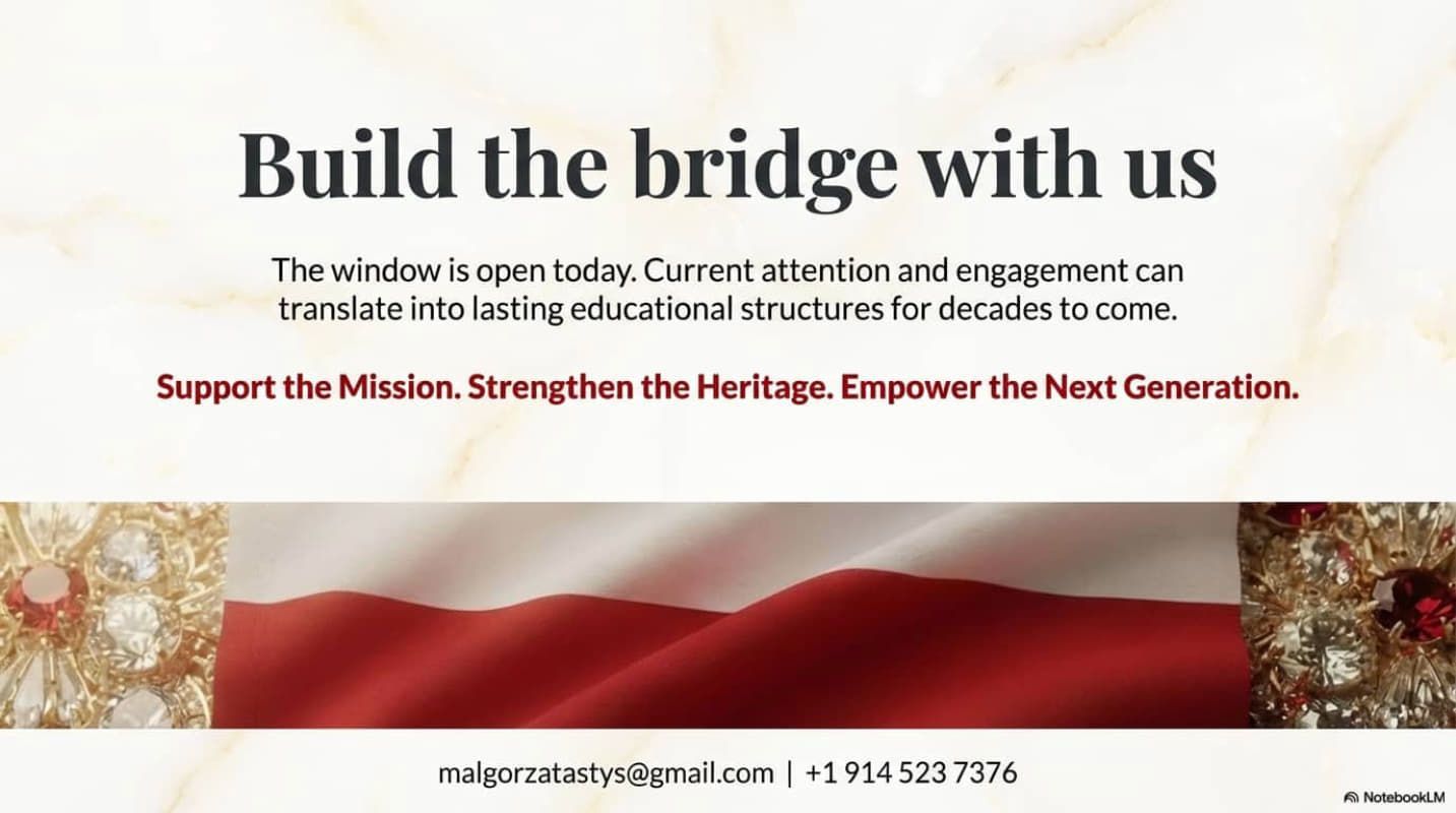 Fundraising banner: “Build the bridge with us” over a waving red-and-white flag, with mission and contact details.