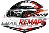 Luxe Remaps Teesside logo: Silver BMW with speedometer, flames, and checkered flag design, red and silver text.