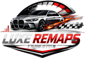 Luxe Remaps Teesside logo: Silver BMW with speedometer, flames, and checkered flag design, red and silver text.