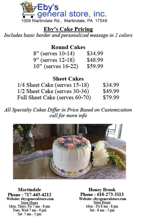 Ebys General Store flyer for custom cakes with cake sizes, prices, and a decorated round cake photo