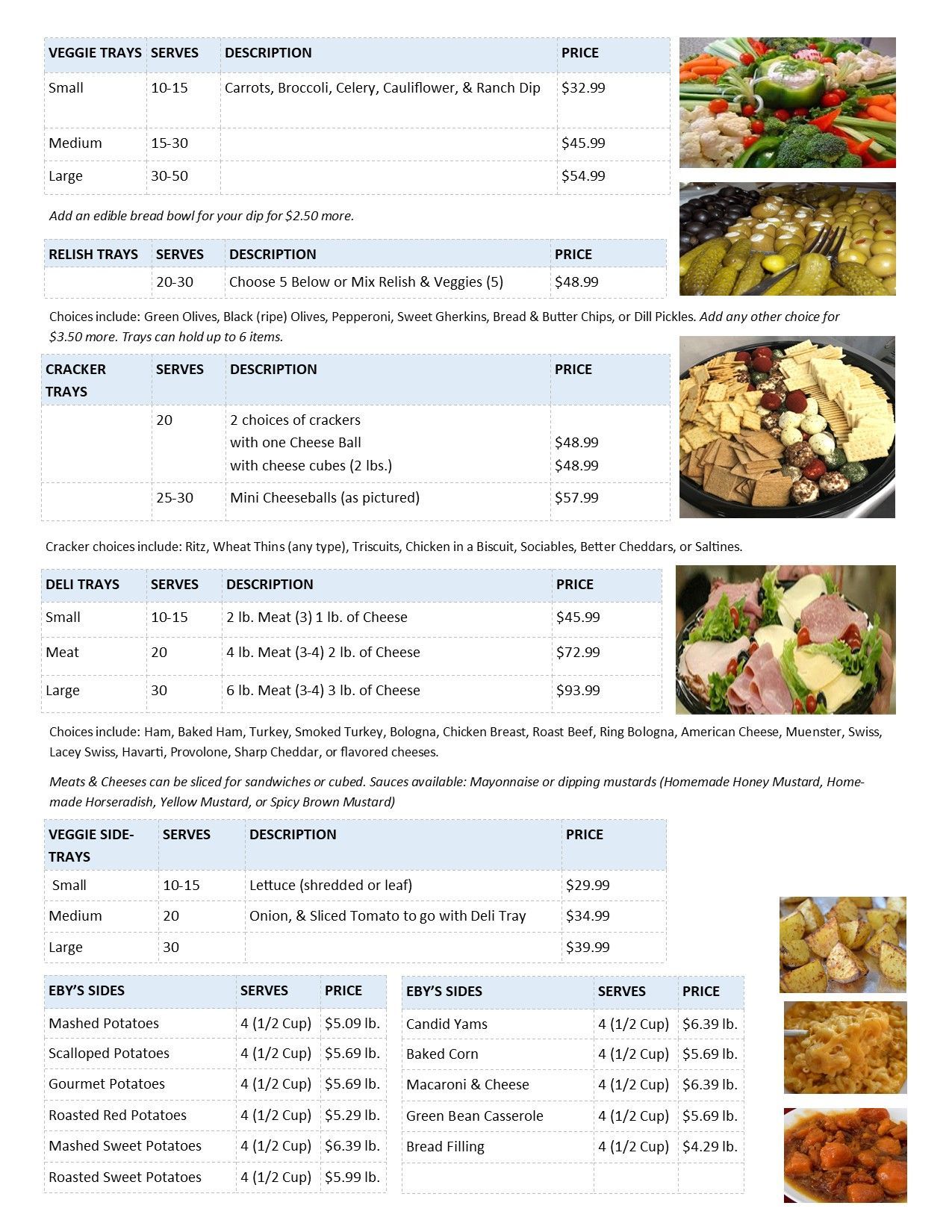 Restaurant menu page with item descriptions, prices, and food photos along the right side