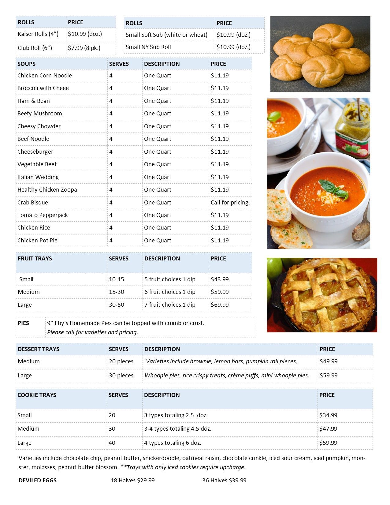 Nutrition facts table with three food photos: bread rolls, tomato soup with salad, and a baked pie.