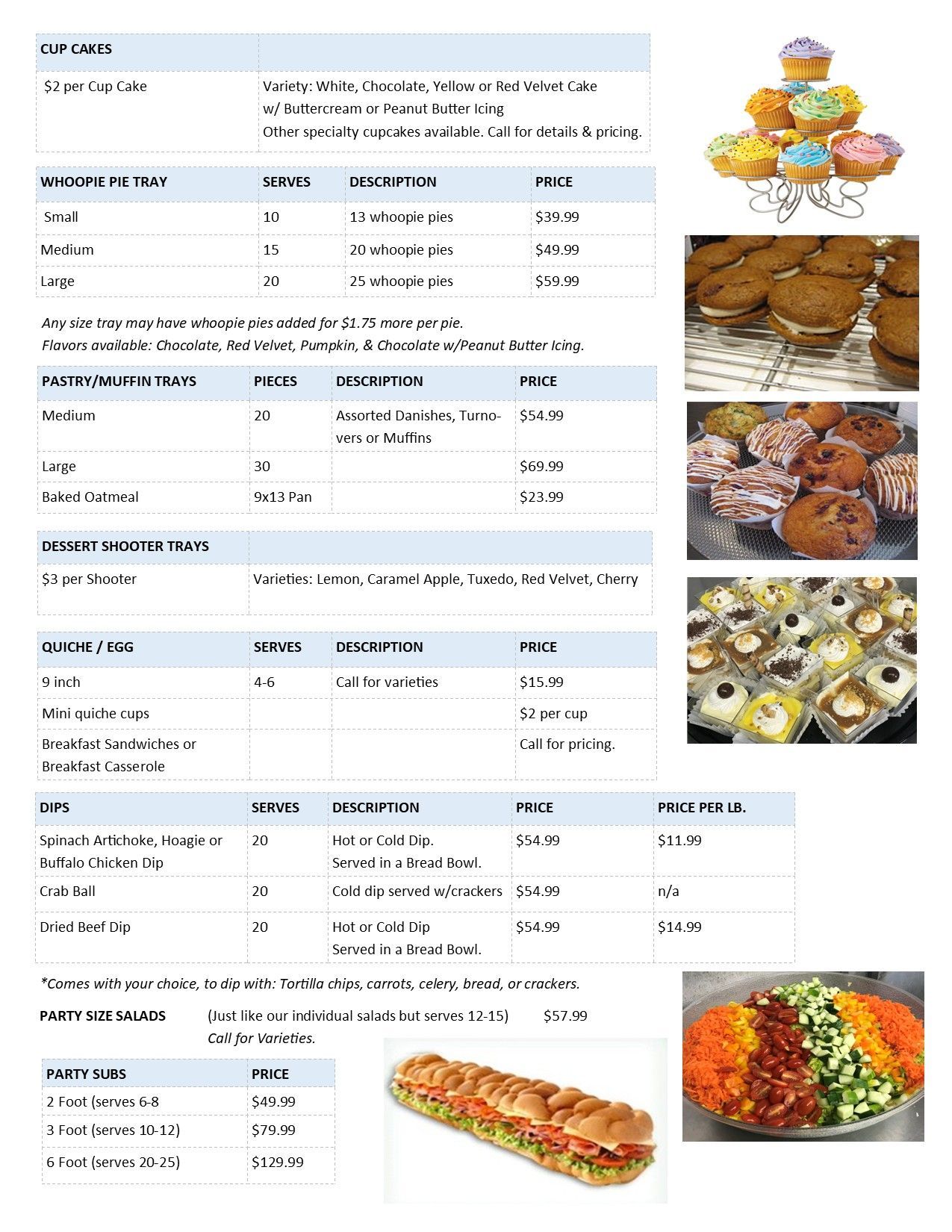 Menu page with multiple food photos, tables of item names, prices, and descriptions.