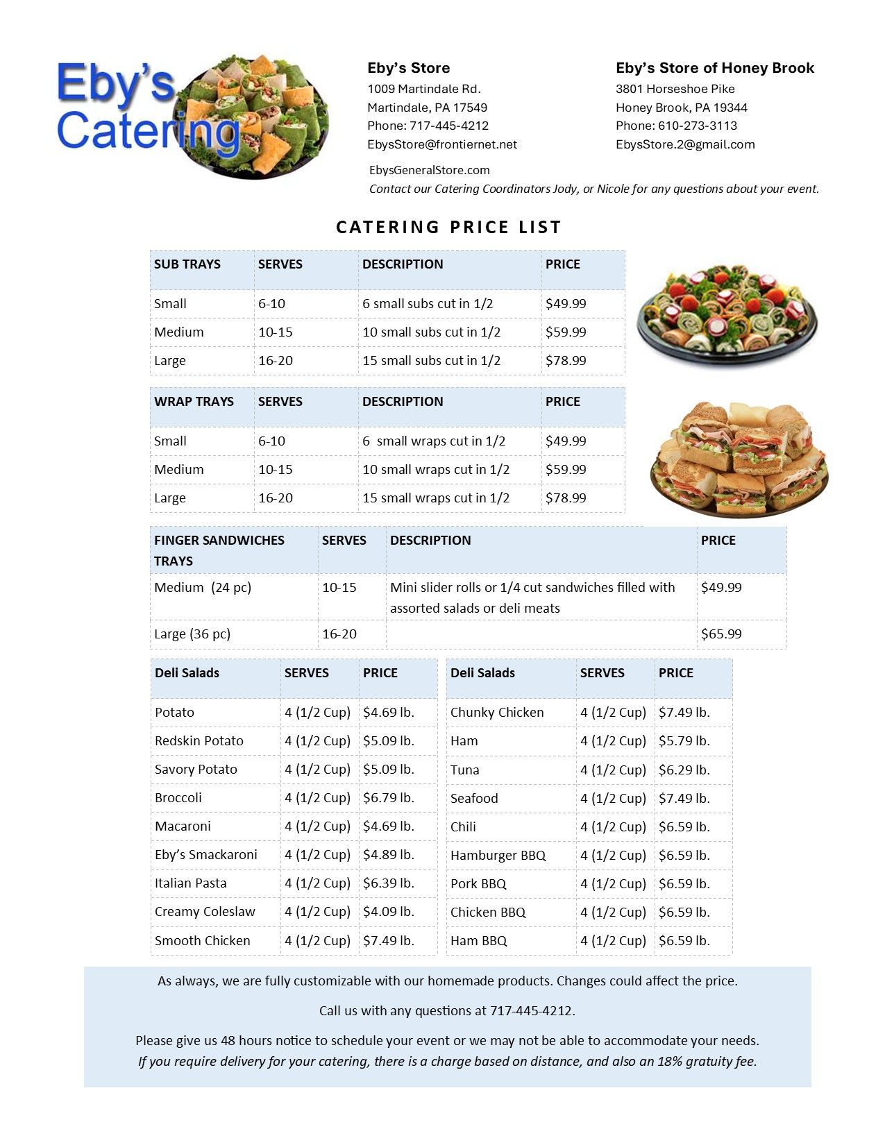 Eby’s Catering menu flyer with food photos, pricing tables, and contact details on a white background