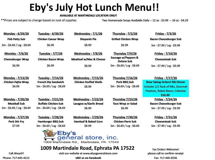 Eby’s July Hot Lunch Menu with daily lunch options and prices on a white flyer with blue highlight box