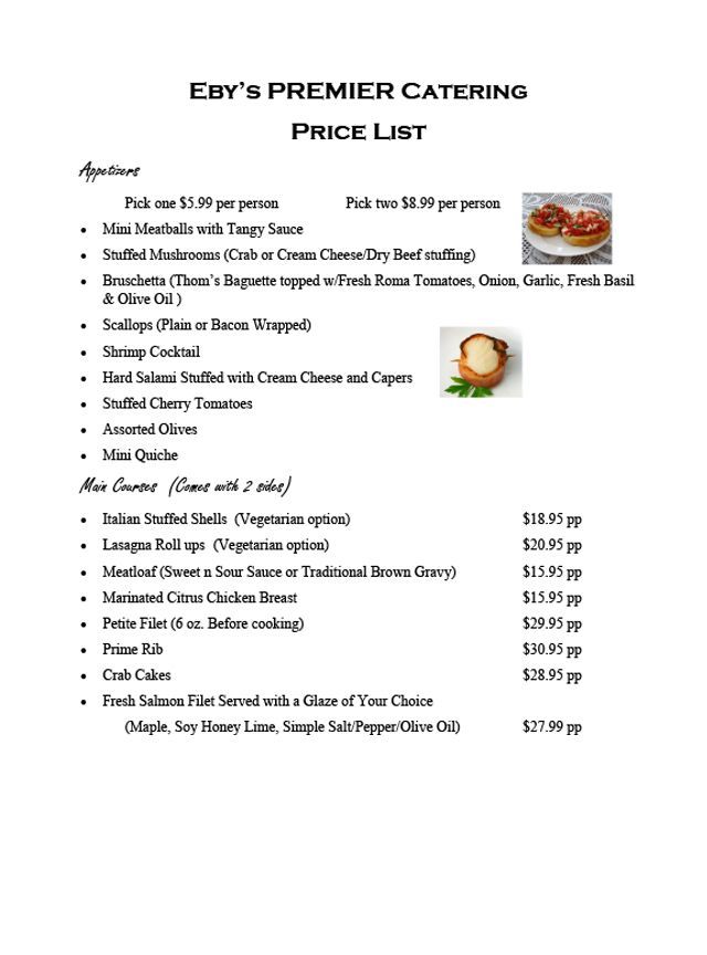 Catering price list menu with food items and prices, plus small dish photos on white background
