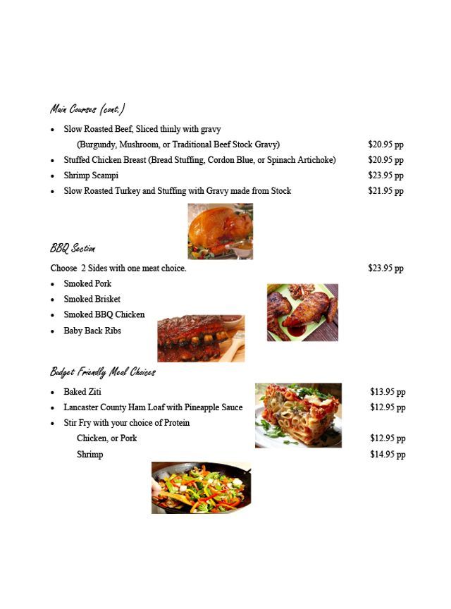 Menu page with Indian dishes, names and prices, plus small photos of colorful food platters