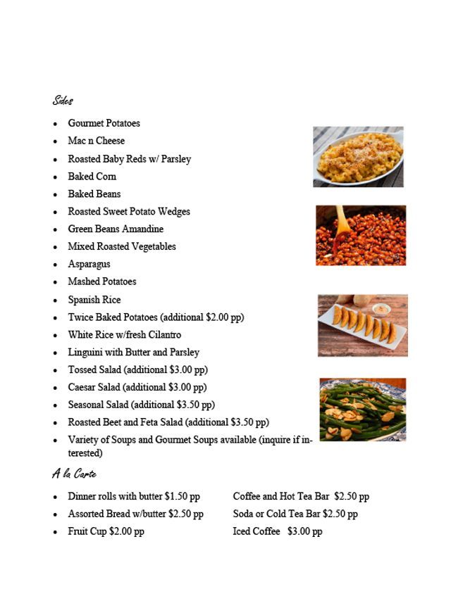 Menu with snack items and prices, plus photos of fried appetizers, on a white background
