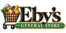 Eby’s General Store, Inc. logo with a shopping cart and groceries in blue text