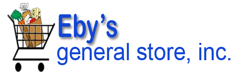 Eby’s General Store, Inc. logo with a shopping cart and groceries in blue text