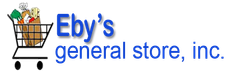 Eby’s General Store, Inc. logo with a shopping cart and groceries in blue text