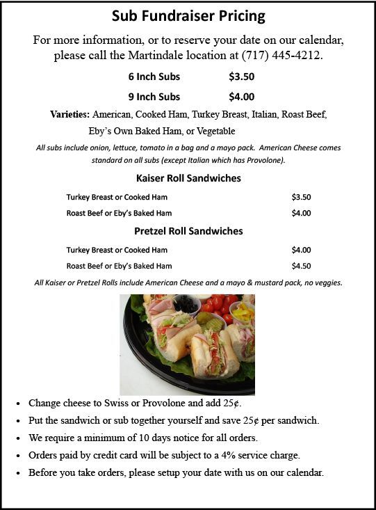 Sub fundraiser pricing flyer with sandwich menu and a photo of vegetable spring rolls