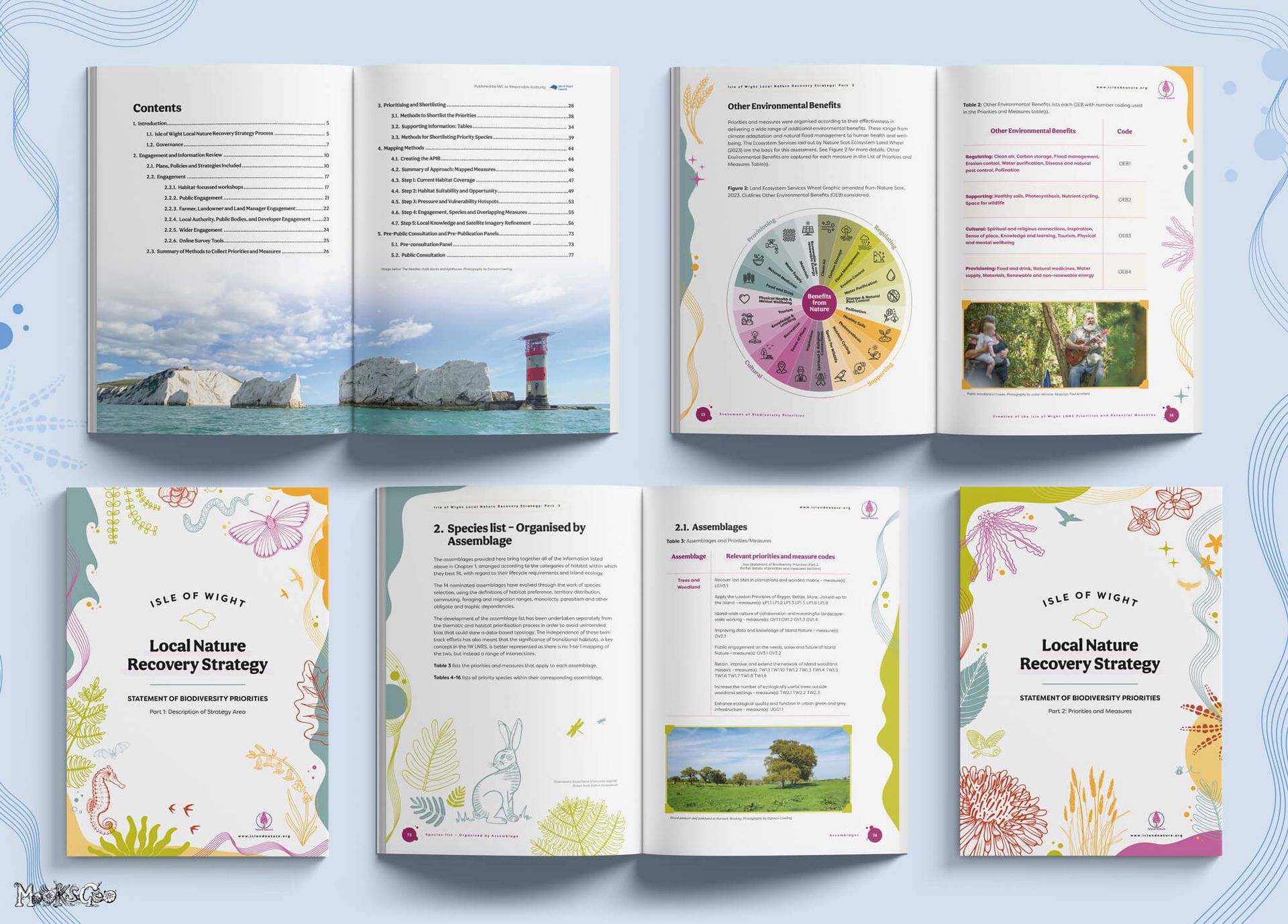 Isle of Wight Local Nature Recovery Strategy publications, displaying open books showing the inside designs of the books, with front covers alongside, with a pastel blue background. There's and illustration of a hare, seahorse, dandelion, lily, butterfly, and other disappearing species. Designed and illustrated by MooksGoo