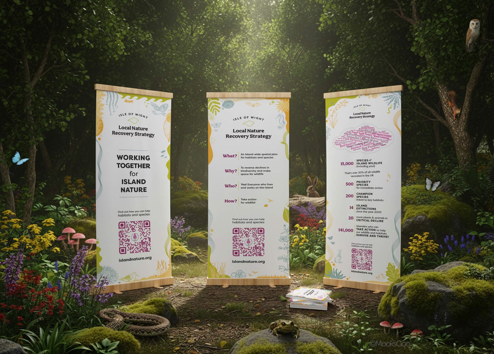 Local Nature Recovery Strategy design for three pull-up banners in a lush forest with champion species from the Isle of Wight. Designed by MooksGoo