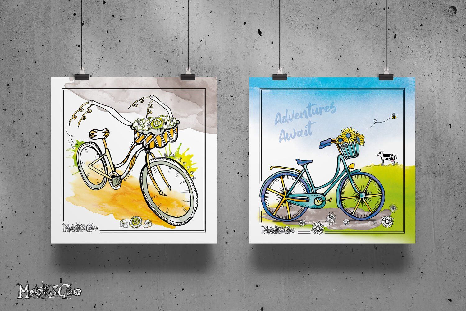 Adventures Await On A Bike is two funky illustrated bicycles with a scenic countryside watercolour background. There are pretty baskets with flowers, a cow and blue skies. Designed by MooksGoo.