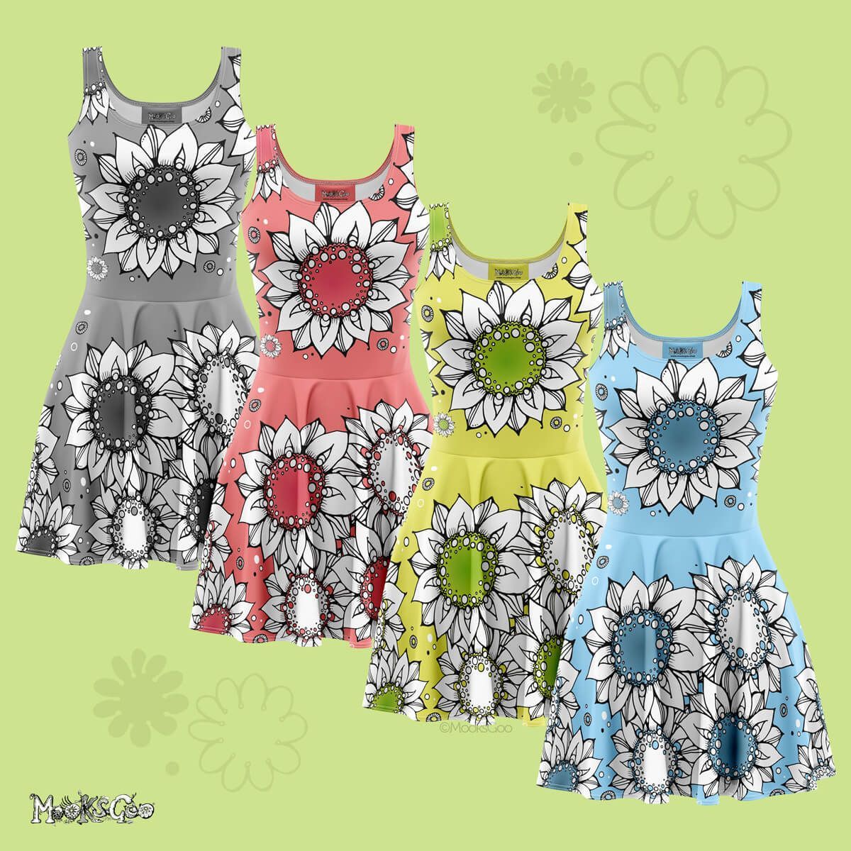 Funk Flower Squish sunflower repeat pattern is created using pen and ink, with coloured backgrounds and applied to a skater dress. Original artwork and illustration designed by MooksGoo