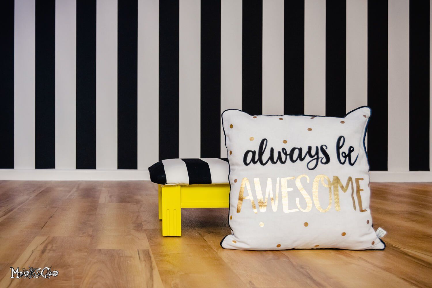 Funky home office inspiration with sunshine yellow walls and black and white stripey wallpaper with a bright curved feature wall. Interior design by MooksGoo