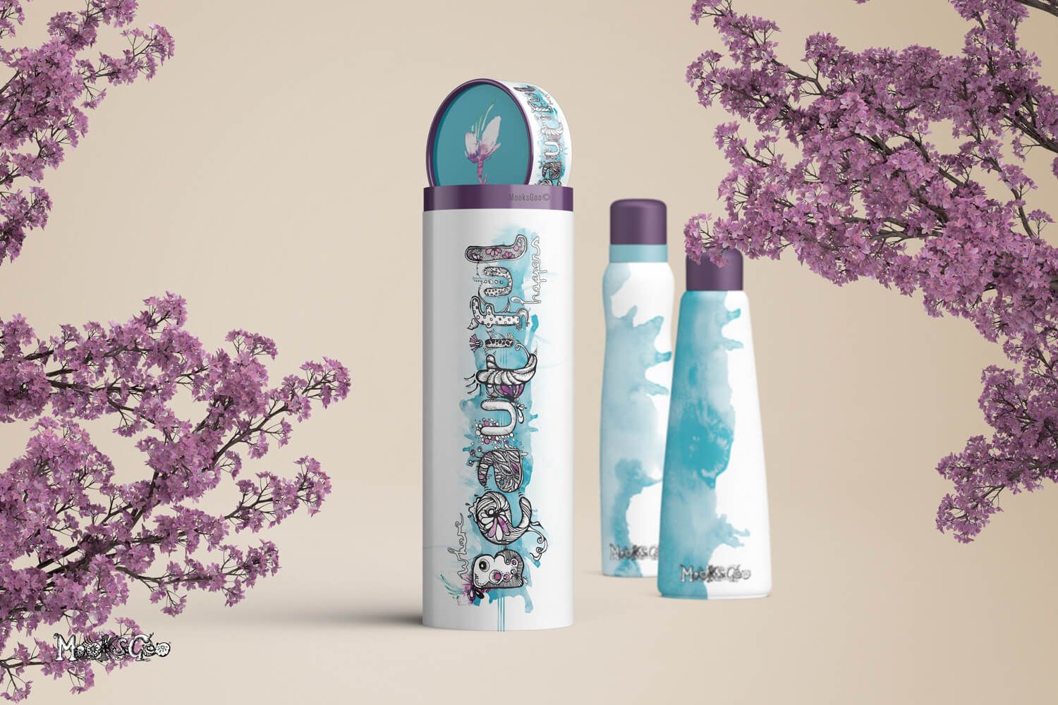 Beauty and cosmetic luxurious packaging, with the words 'where beautiful happens', hand illustrated with pen and ink, complimented with turquoise and moody purple watercolours. Designed by MooksGoo