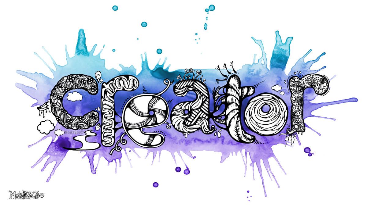 Unique and quirky 'creator' typography word, with illustrated patterned letters and vibrant purple splashy watercolours. Designed by MooksGoo