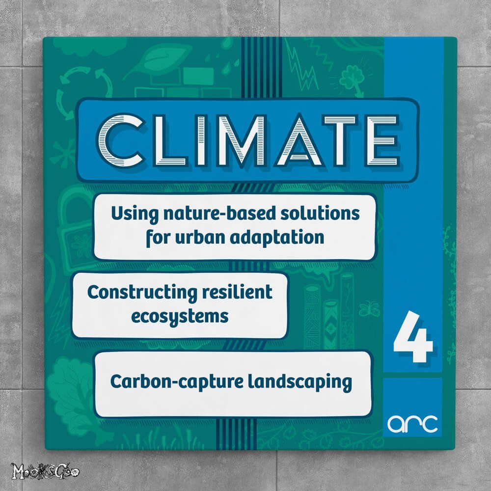 Exhibition panel design for Climate: using nature-based solutions for urban adaptation; constructing resilient ecosystems; and carbon-capture landscaping. Designed by MooksGoo.