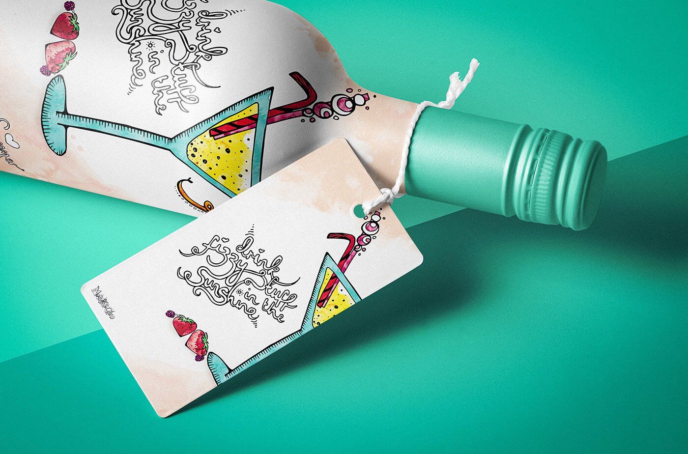 Fizzy Stuff In The Sunshine illustration on a white wine bottle with an all over print cocktail glass, mini umbrella, curly cucumber and red strawberries. Designed by MooksGoo