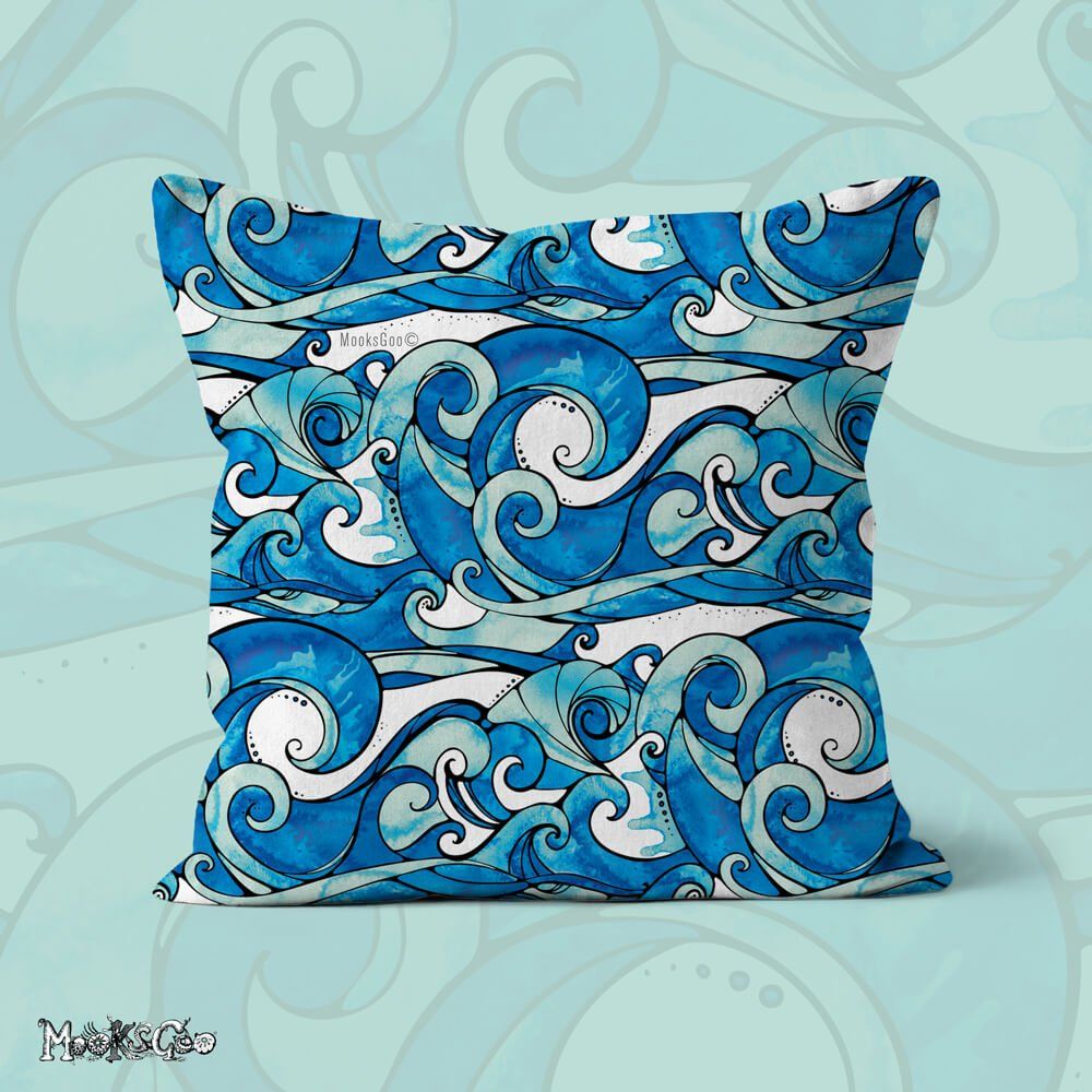 Funky bright and quirky flowing wave beach repeat pattern cushion, illustrated by artist MooksGoo