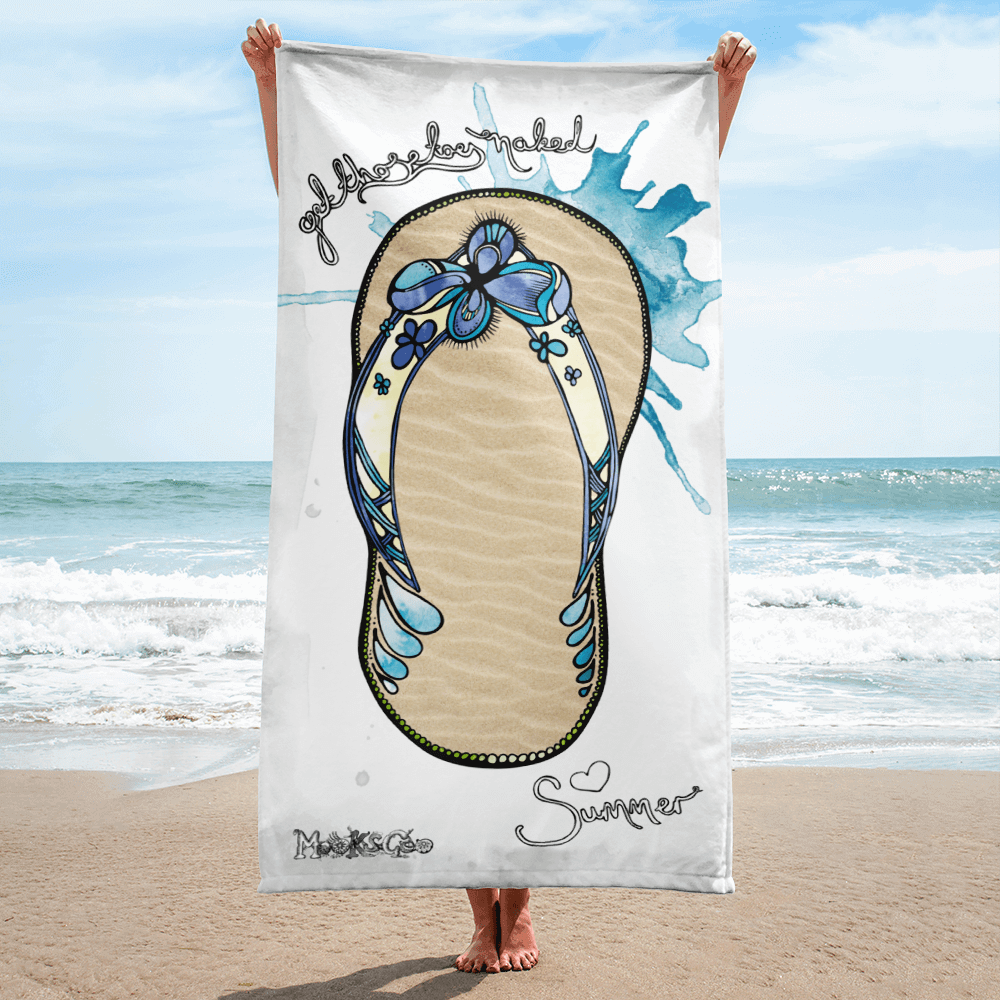 Get Those Toes Naked funky illustrated summer flipflop illustration, with a textured sand background, a bright sea turquoise flower, on a dye sublimation beach towel. Designed by MooksGoo