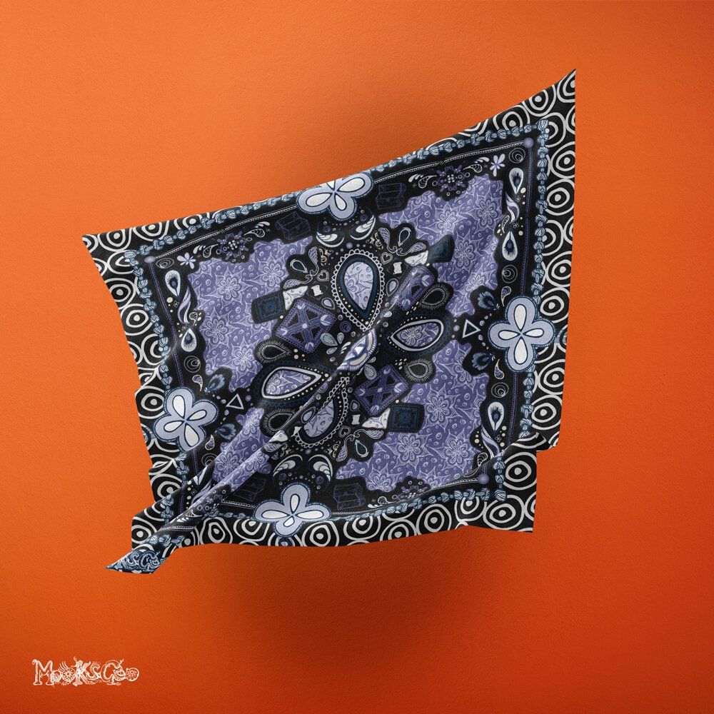 Illustrated ornate heritage square pattern with a blue and purple background with swirly details, applied to a square silk scarf. Designed by MooksGoo