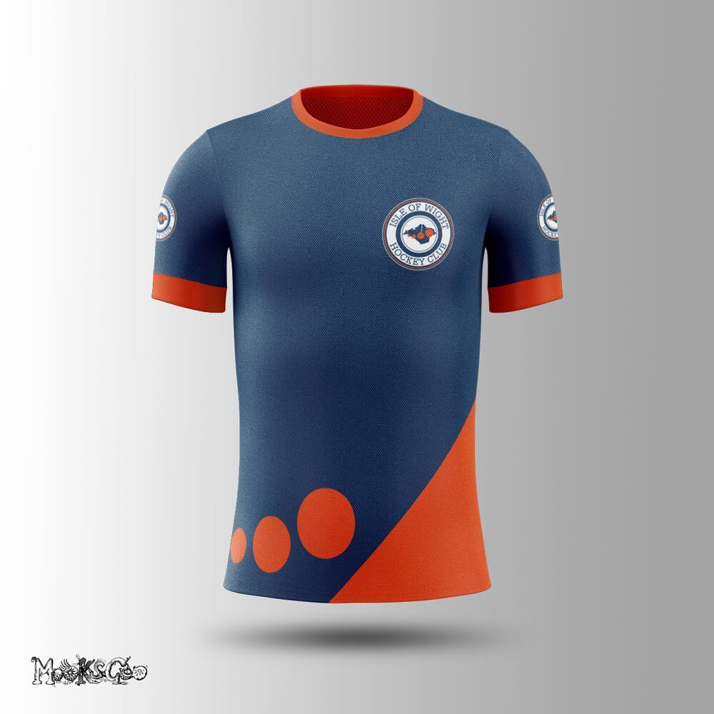 Deep navy blue and vibrant orange hockey sports kit mockup, designed by MooksGoo.