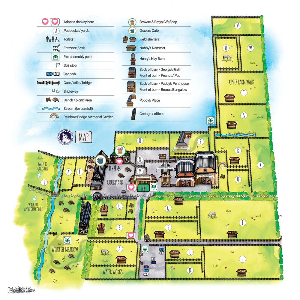 Illustrated site map for the Isle of Wight Donkey Sanctuary designed by MooksGoo