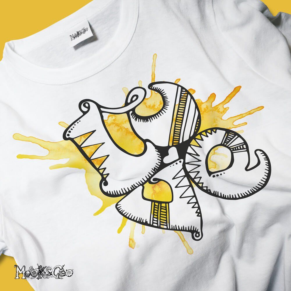 Black and white illustrated Love writing quote, with a mustard yellow watercolour splash. Designed by MooksGoo
