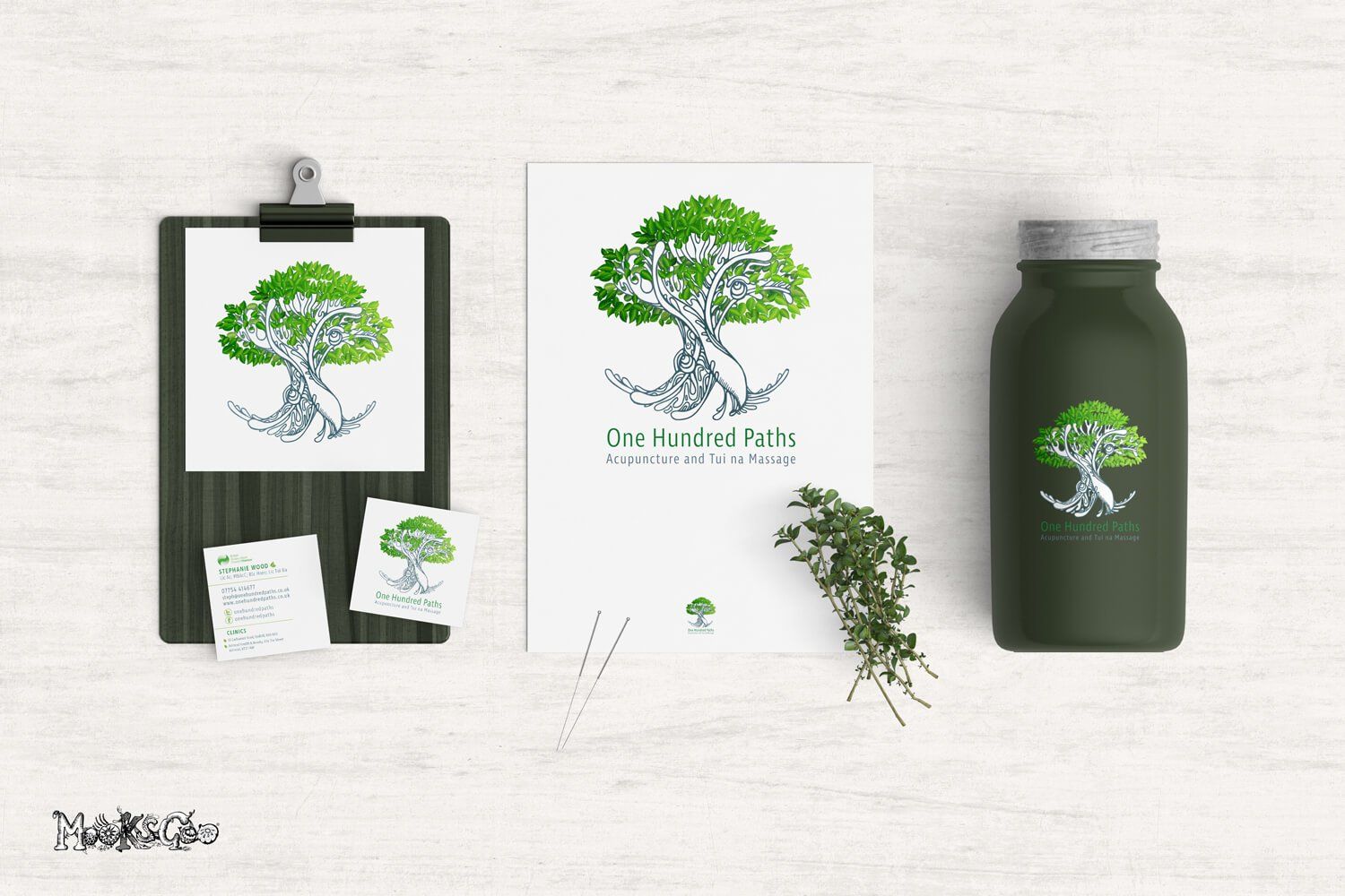 One Hundred Paths is an illustrated logo for a Acupuncture and Tui na Massage business. The logo is of a tree with green leaves, and the tree trunk has a hidden yin and yang. Designed by MooksGoo