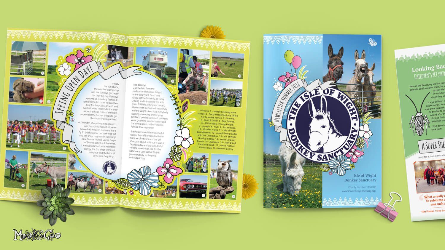 Bright, colourful and quirky magazine and catalogue design for the Isle of Wight Donkey Sanctuary, graphics, illustration and overall composition by MooksGoo.